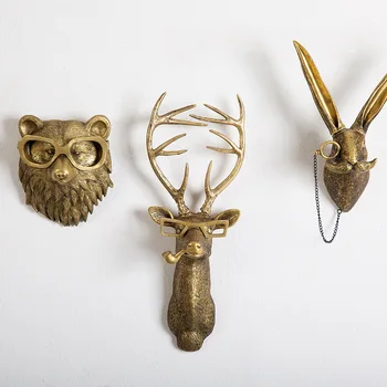 Antik Bronze Harz Tier Anhänger Goldener Hirschkopf Wandaufbewahrung Haken Hintergrund Wandzubehör Dekorative