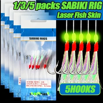 TAKBAS 1/3/5 Packungen Sabiki Rigs Salzwasser, Fischhaut Makrelenfedern Rigs, Meeresangel-Rigs mit leuchtenden