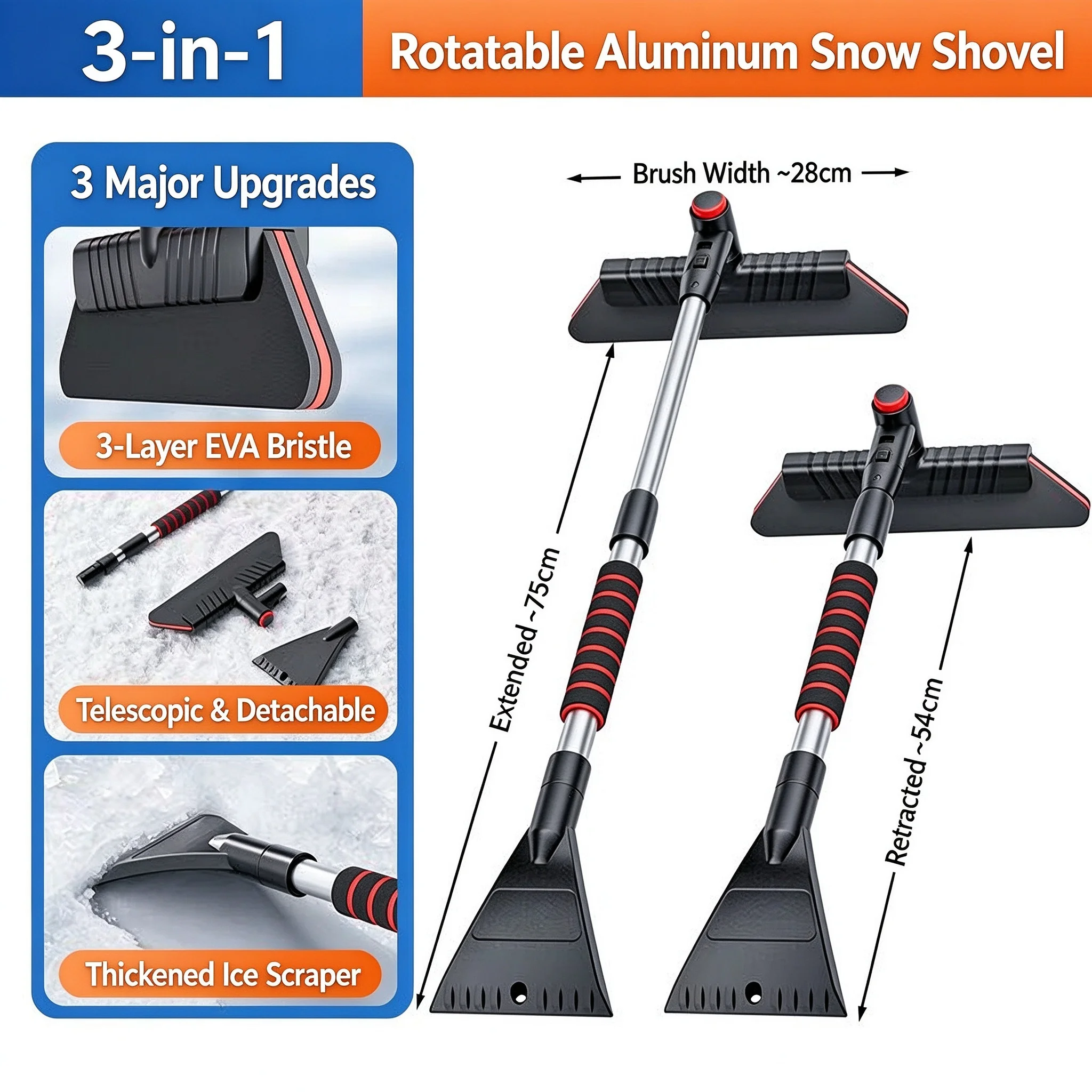 Auto-Schneebürste und Eiskratzer 3-in-1 Ausziehbar Abnehmbar Drehbar EVA Kratzfrei Winter Universelles