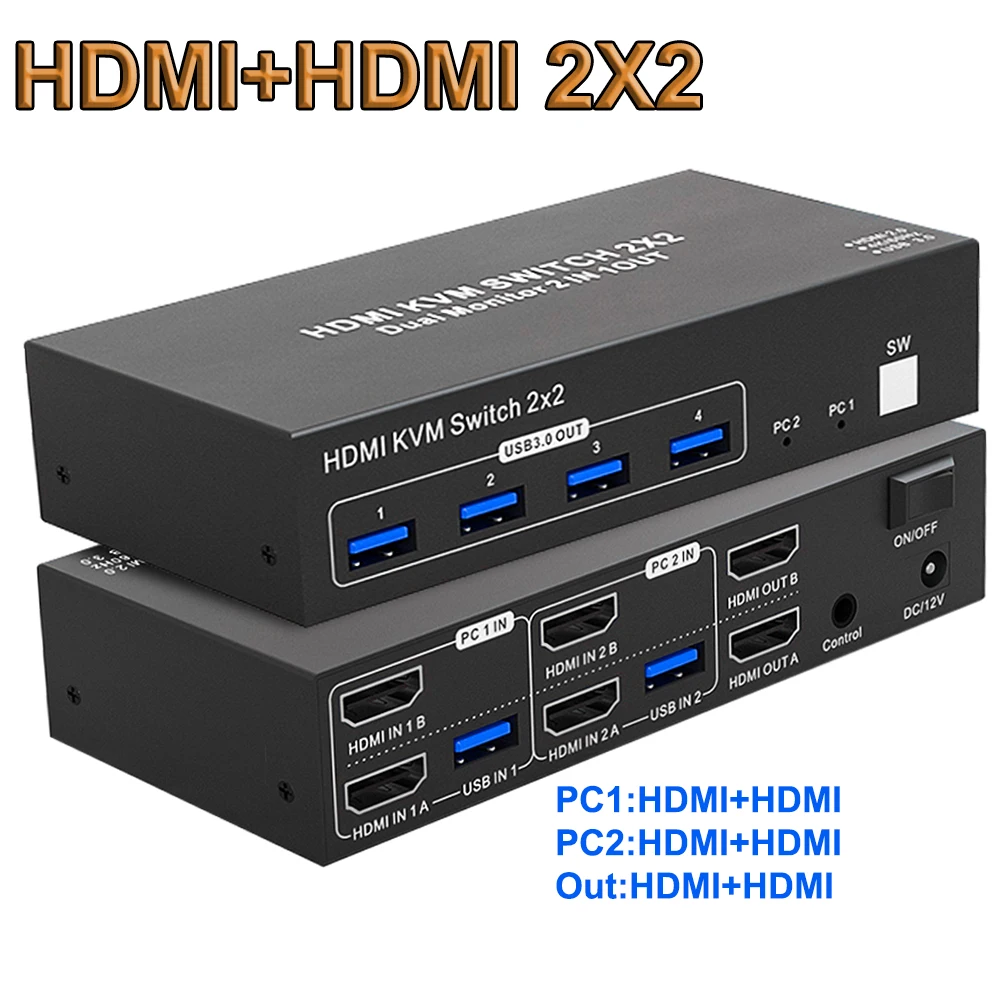 KVM-Switch 2×2 für zwei Monitore, 4K 60 Hz, HDMI 2.0 und USB 3.0