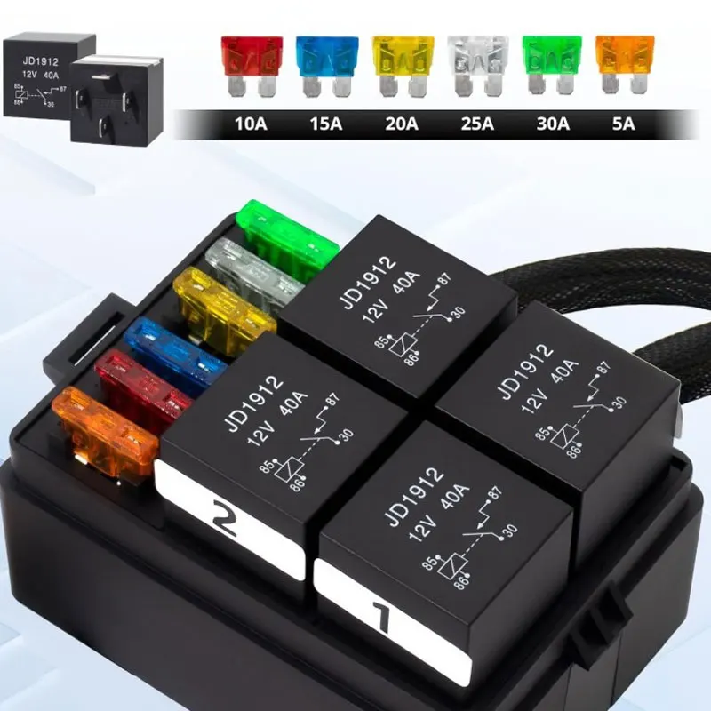 12V/24V 40A 4/5-Pin 6-Wege-Sicherungsrelaisbox, 4-Relais-Halter Standard ATO Sicherungsblock mit freier