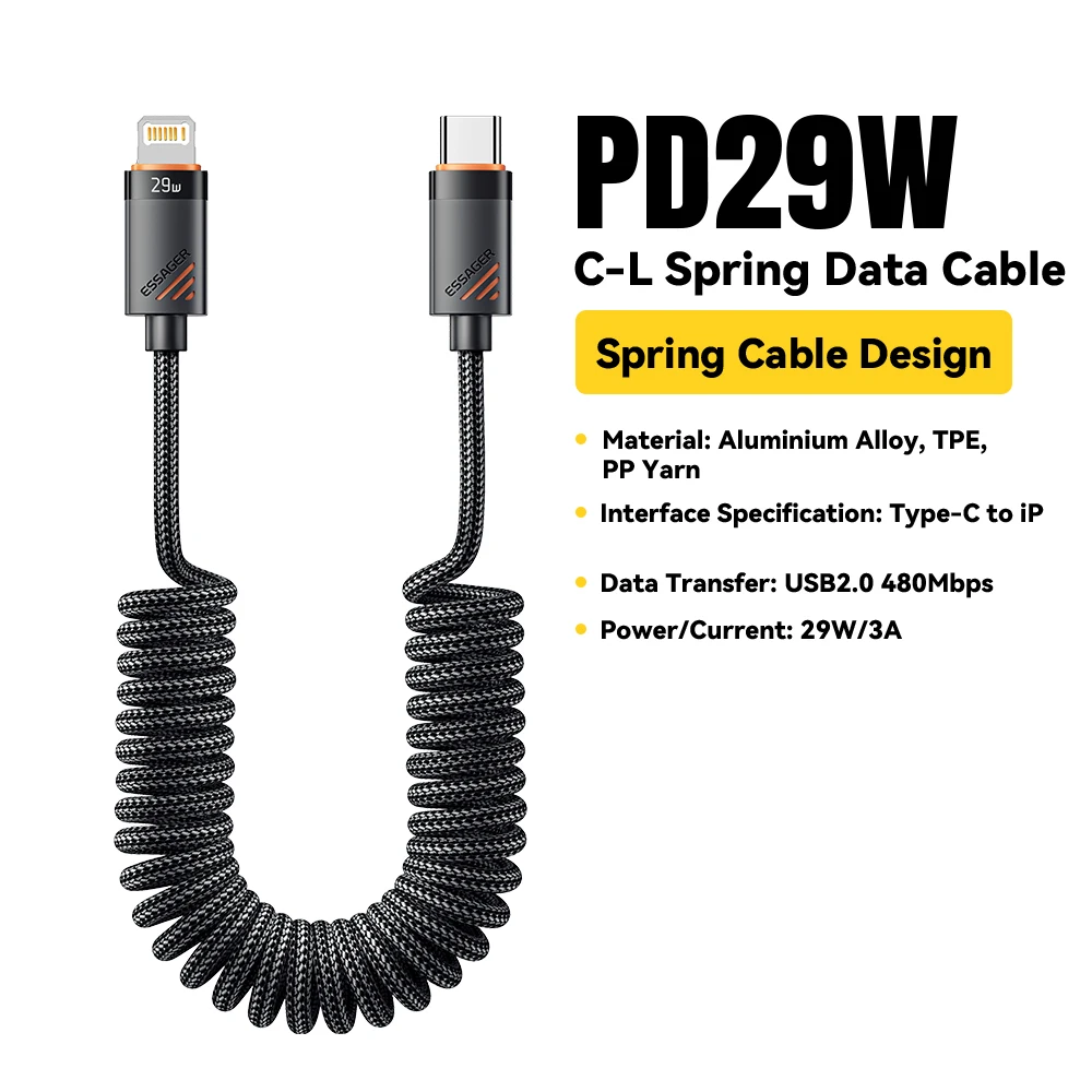 Essager Car Spring USB C auf Lightning-Kabel PD 29 W Schnellladung für Apple iPhone 14 13 12 11 Pro Max