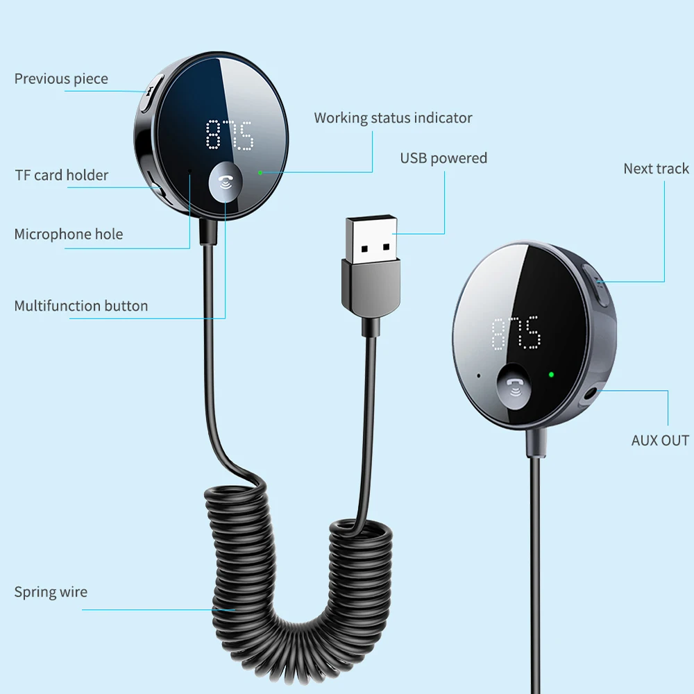 FM-Transmitter Auto Bluetooth-Empfänger 5.0 AUX Audio Wireless Adapter für Freisprecheinrichtung