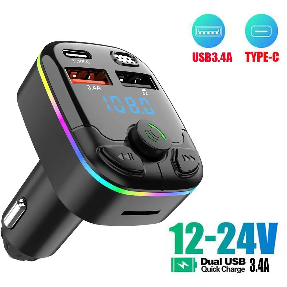 Auto Bluetooth 5.0 FM Sender PD Typ-C Dual USB 3.1A Schnellladegerät Buntes Umgebungslicht