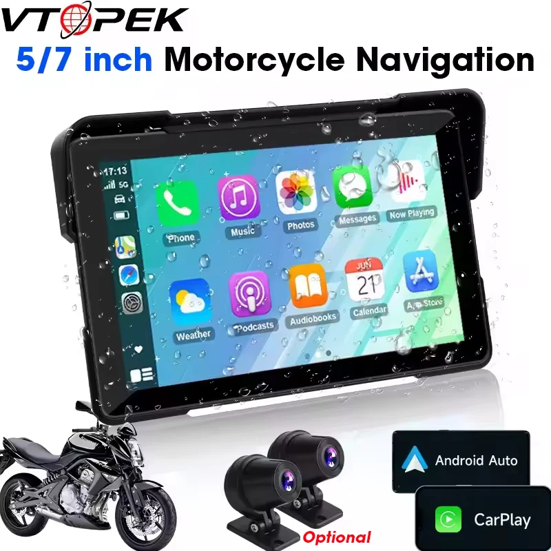 Vtopek 5"/7" Zoll Motorrad DVR GPS Navigation Multimedia Player Wireless CarPlay Android Auto IPX7