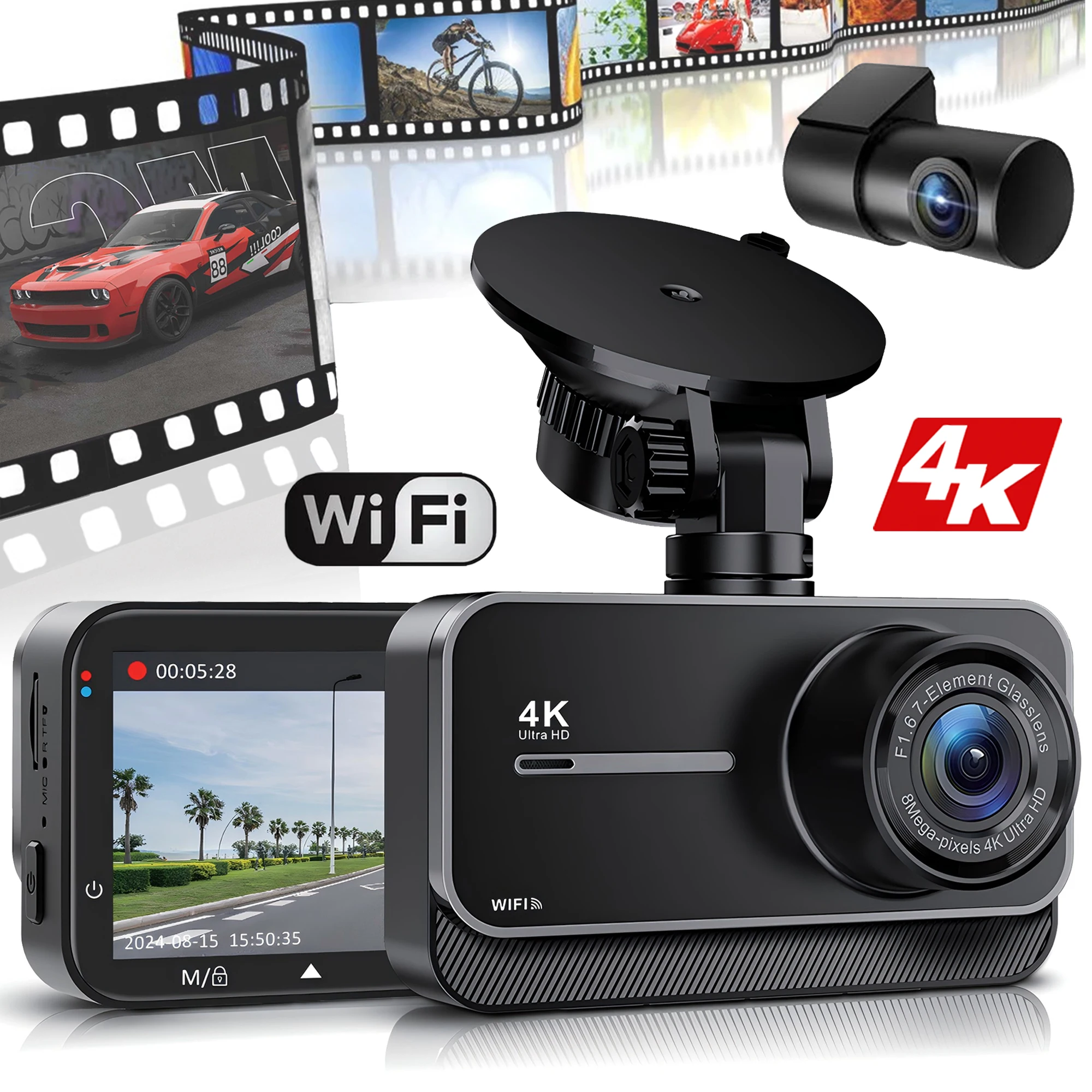 4K Dash Cam für Autos Auto Kamera Dash Cam WIFI Kamera für Auto Vorne und Hinten Dash Kamera Black Box 24H