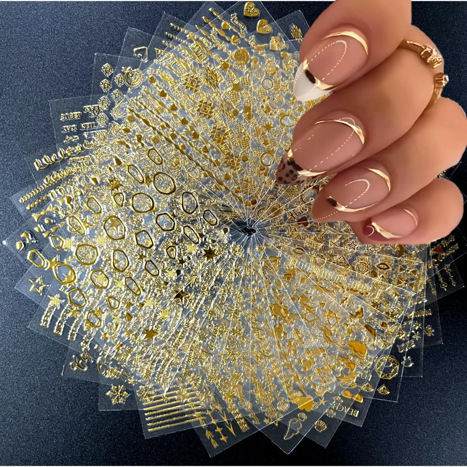 30 Blatt goldene Nagelkunst-Aufkleber, 3D-selbstklebende Nagelaufkleber, goldene Linie, Stern-Nagelaufkleber