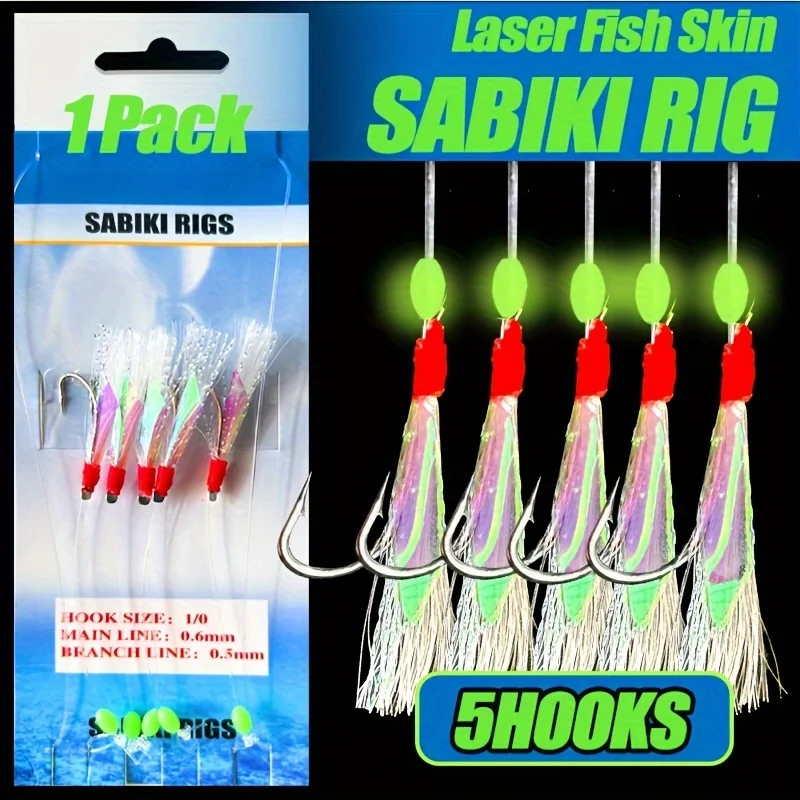 TAKBAS 1/3/5 Packungen Sabiki Rigs Salzwasser, Fischhaut Makrelenfedern Rigs, Meeresangel-Rigs mit leuchtenden