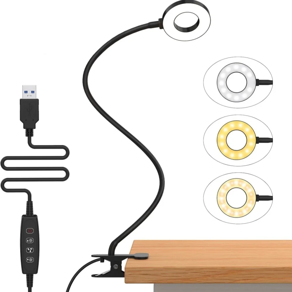 48 LED USB Buchlicht Clip Schreibtischlampe Leseleuchte mit 3 Farbmodus 10 Helligkeitsdimmer 360 ° Flexible