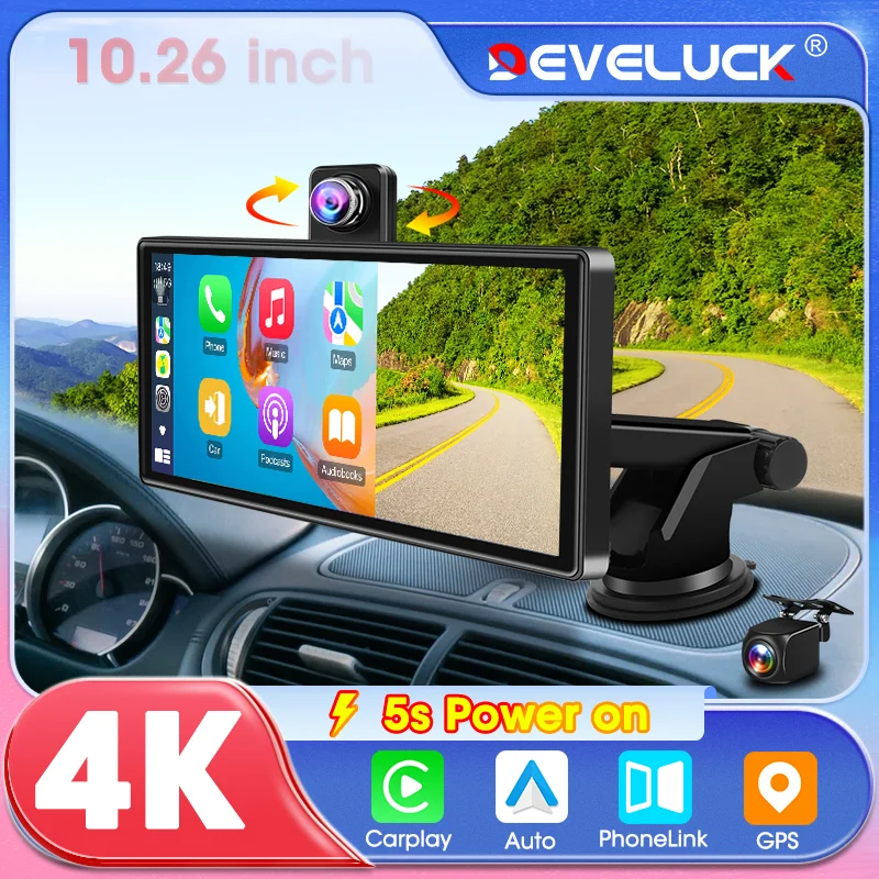 10,26-Zoll-4K-Dashcam mit CarPlay und Android Auto, 360°-Drehung, 5G-Wi-Fi, GPS-Navigation, FM/AUX
