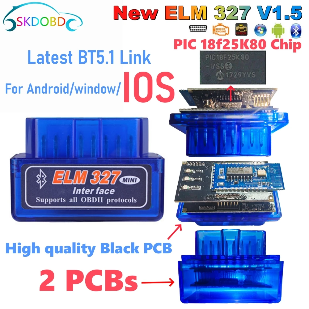 Version Mini ELM327 V1.5 für IOS Android Bluetooth 5,1 Auto Scanner OBD2 Schwarz 2PCB Auto ELM 327 Tester