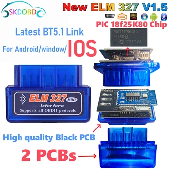Version Mini ELM327 V1.5 für IOS Android Bluetooth 5,1 Auto Scanner OBD2 Schwarz 2PCB Auto ELM 327 Tester