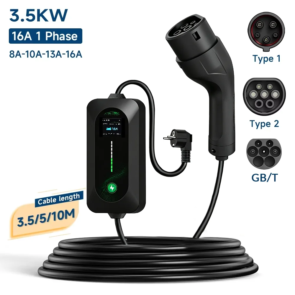3,5 kW tragbares EV-Ladegerät mit 3m/5m/10m Kabel, Typ2 IEC62196/GB/T-Anschluss, 16A 1-phasig, Typ1