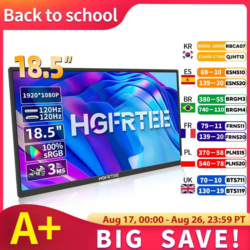 HGFRTEE 18,5-Zoll-tragbarer Monitor 120 Hz RGB100 % mit VESA-Loch und hinterer Halterung, erweitertes