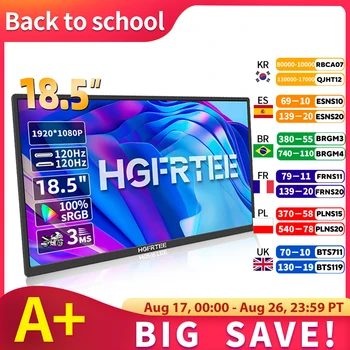 HGFRTEE 18,5-Zoll-tragbarer Monitor 120 Hz RGB100 % mit VESA-Loch und hinterer Halterung, erweitertes