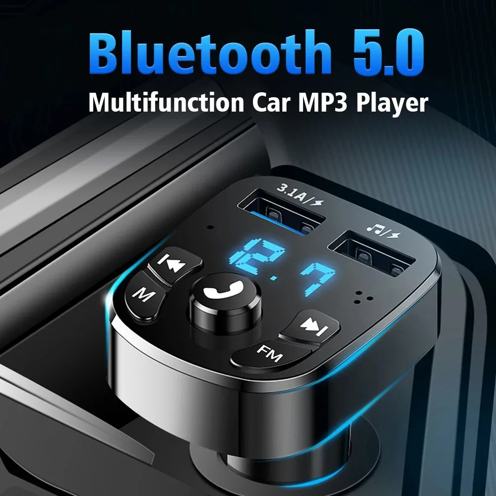 Bluetooth 5.0 Auto-FM-Transmitter, kabelloser Audio-Aux-Freisprechadapter mit Dual-USB-Schnellladegerät, 3,1 A
