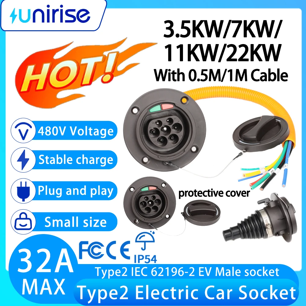 Typ2 EV-Ladebuchse 16A 32A 7KW Ein- oder Dreiphasig mit 0,5M Kabel IEC 62196 für EU-Standard Typ 2