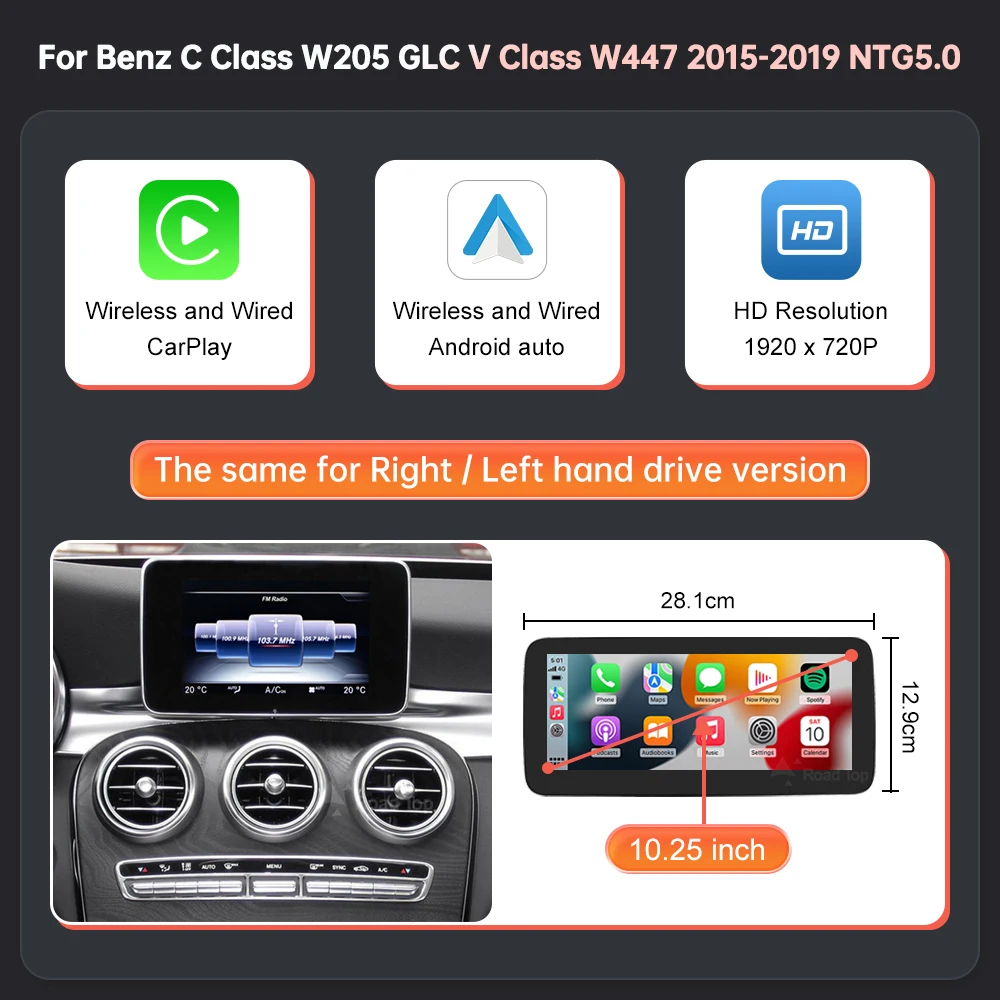 Drahtloser CarPlay Android Auto-Multimedia-Bildschirm für Mercedes-Benz C-Klasse W205 GLC V-Klasse W447 A W176