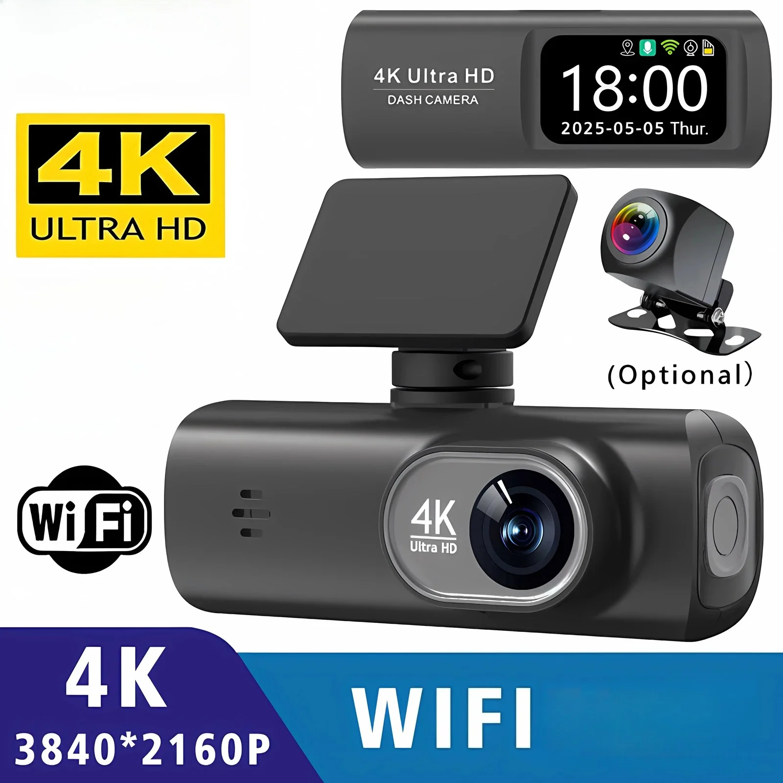 Dashcam 4K 3840*2160P WLAN Auto-DVR Vorder- und Rückkamera mit Nachtsicht und 24-Stunden-Parküberwachung