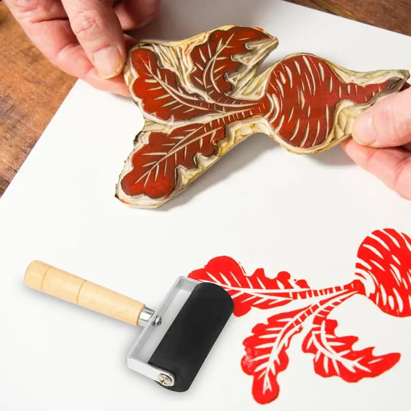 Gummirolle mit Holzgriff, Druckwalze, Pinsel, Tinte, Radiergummi – Bild 6