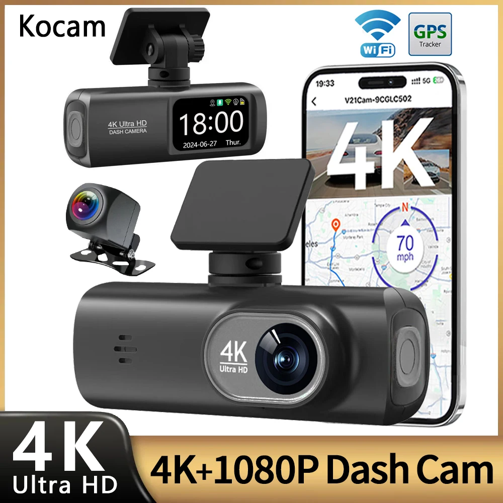 Dash Cam 4K UHD für Auto Kamera Vorne Hinten Dual Objektiv Mit GPS WiFi 24h Parkmodus Nachtsicht Auto DVR