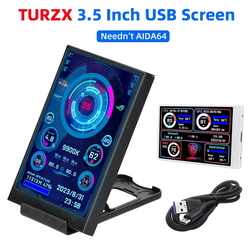 3,5-Zoll-IPS-Typ-C-Sekundärbildschirm für Computer, CPU, GPU, RAM, HDD-Display, 320 x 480, USB-LCD-Monitor