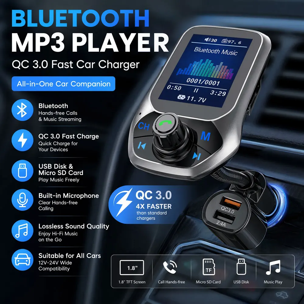 Bluetooth FM-Transmitter Freisprecheinrichtung 1,8'' TFT-Display Autoradio MP3-Musik USB SD EQ-Player