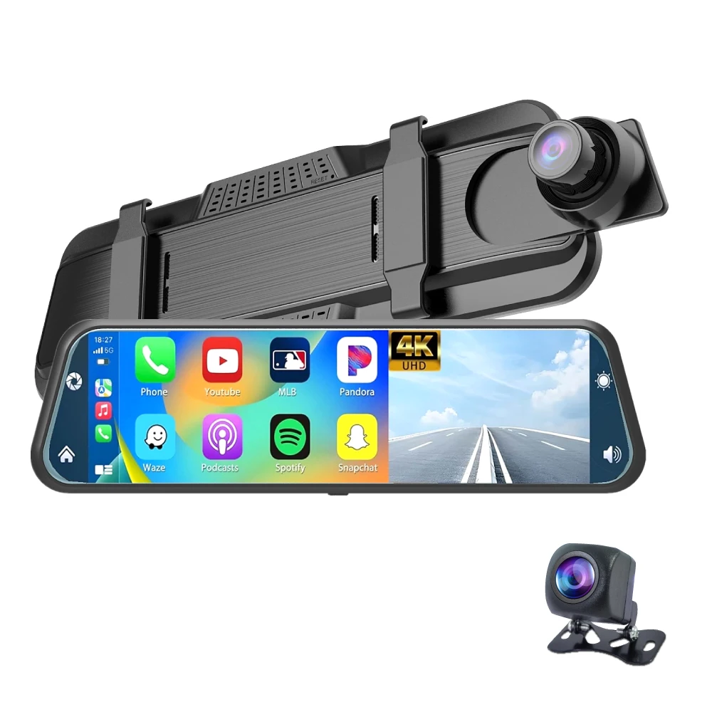 4K UHD Dual Dash Cam mit Carplay 9,66" Touchscreen Sprachsteuerung & Nachtsicht - Vordere und hintere Kameras