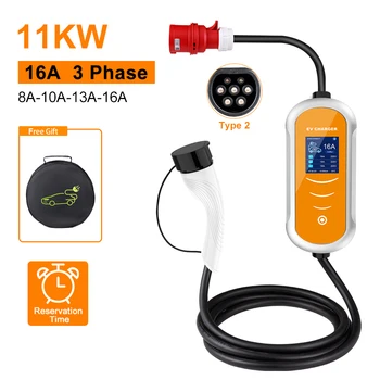 Tragbares Typ-2-EV-Ladegerät mit Terminfunktion, 11 kW, 16 A, 3-phasig, EVSE-Ladebox, Kabel mit CEE-Stecker