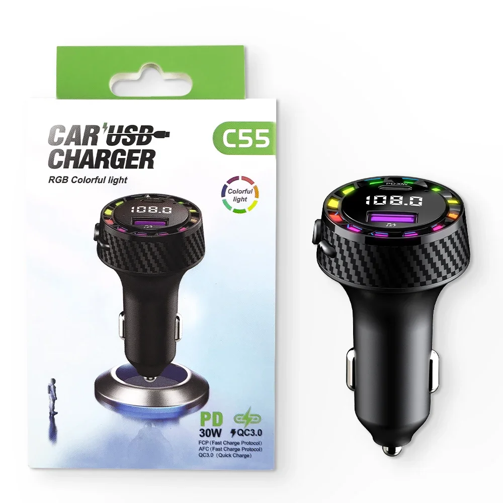 Auto Bluetooth 5.3 FM-Transmitter Autoladegerät Audio Dual USB Typ C Schnellladegerät Farbiges Licht