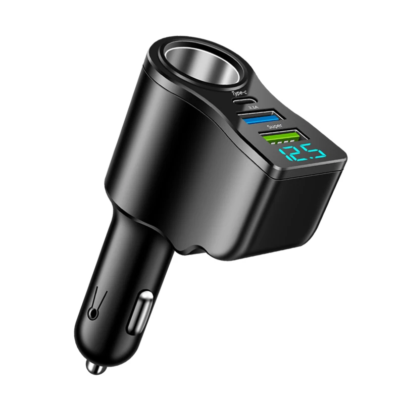 Zigarettenanzünder-Verteiler 1 auf 3 mit 2× USB und Digitalanzeige, 66 W