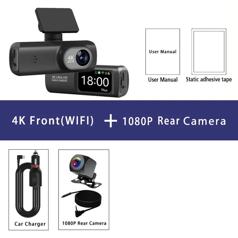 Dashcam 4K 3840*2160P WLAN Auto-DVR Vorder- und Rückkamera mit Nachtsicht und 24-Stunden-Parküberwachung