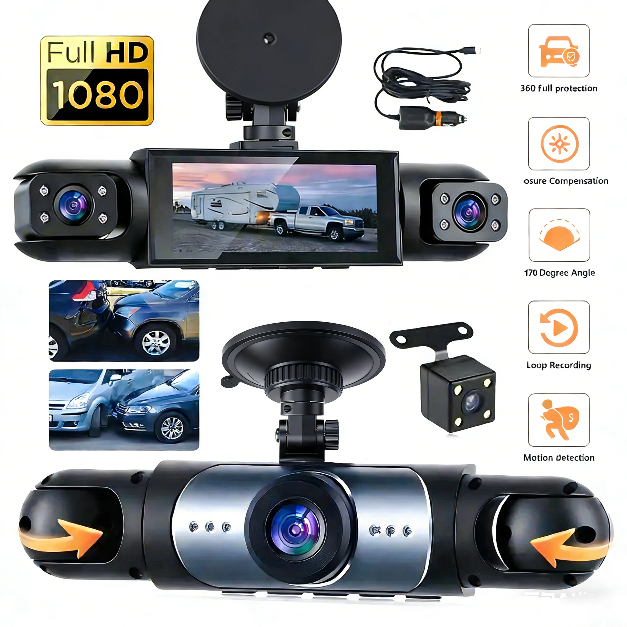 Dashcam, Fahrzeug-DVR-Videorecorder, 4 Kameras für Autos, Blackbox vorne und hinten, innen, Nachtsicht