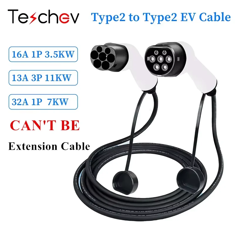Teschev 16 A 32 A 11 kW Typ 2 auf Typ2 EV-Ladekabel IEC 62196-2 Elektroauto-Ladekabel für Elektrofahrzeuge