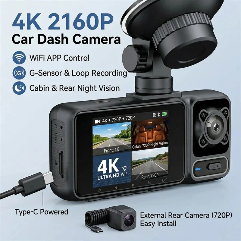 4K Dashcam 3-Linsen-Fahrrekorder WiFi Auto-DVR Vorne Innen Hinten Dreifachkamera 2160P UHD Videorekorder 24H