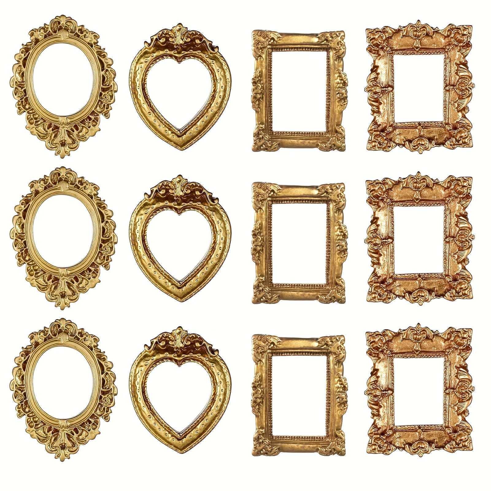 Vintage-Mini-Bilderrahmen, elegant, goldener Ton, Barock-Harz, Wandmontage, Vitrinen, Hochzeit (12 Stück)