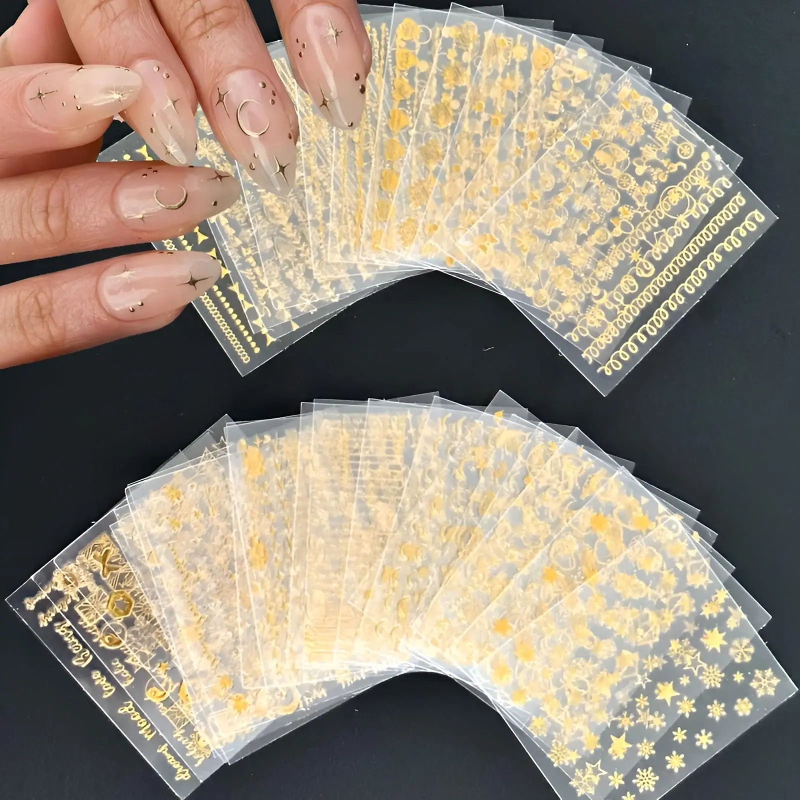30 Blatt goldene Nagelkunst-Aufkleber, 3D-selbstklebende Nagelaufkleber, goldene Linie, Stern-Nagelaufkleber
