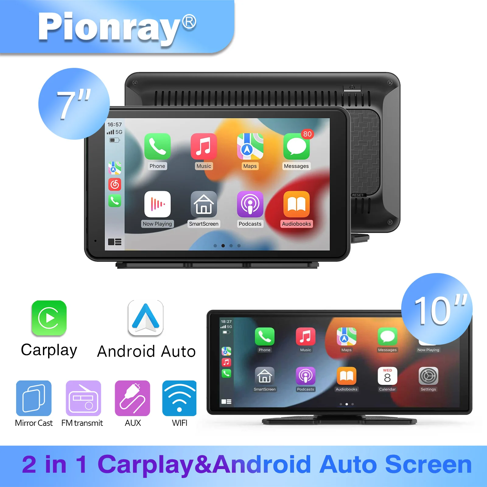 Pionray 7/10 Zoll Android Auto Universal Tragbare CarPlay für Auto Bildschirm Auto Radio Video Drahtlose
