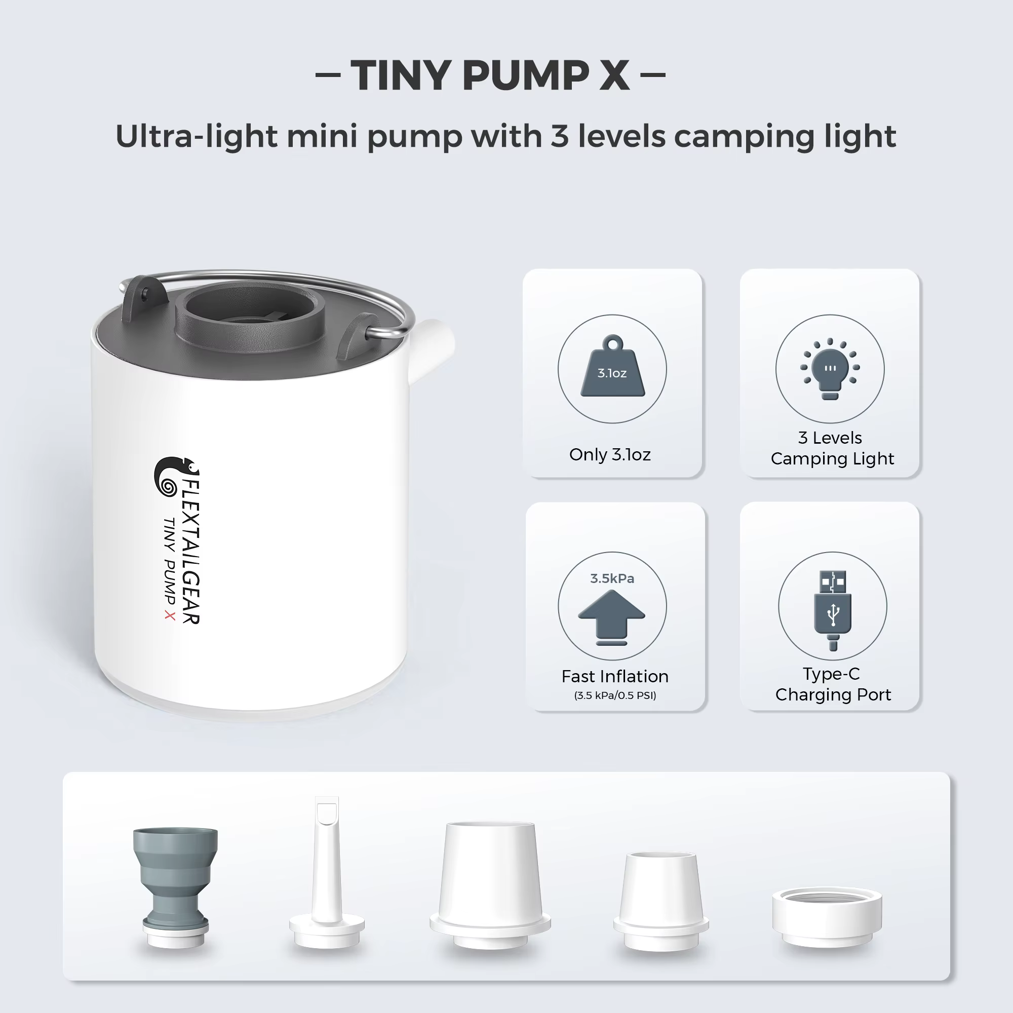FLEXTAIL Tragbare Luftpumpe, Mini-Campingpumpe mit Licht, USB-C-Aufladung, ideal für Isomatten, Luftmatratzen