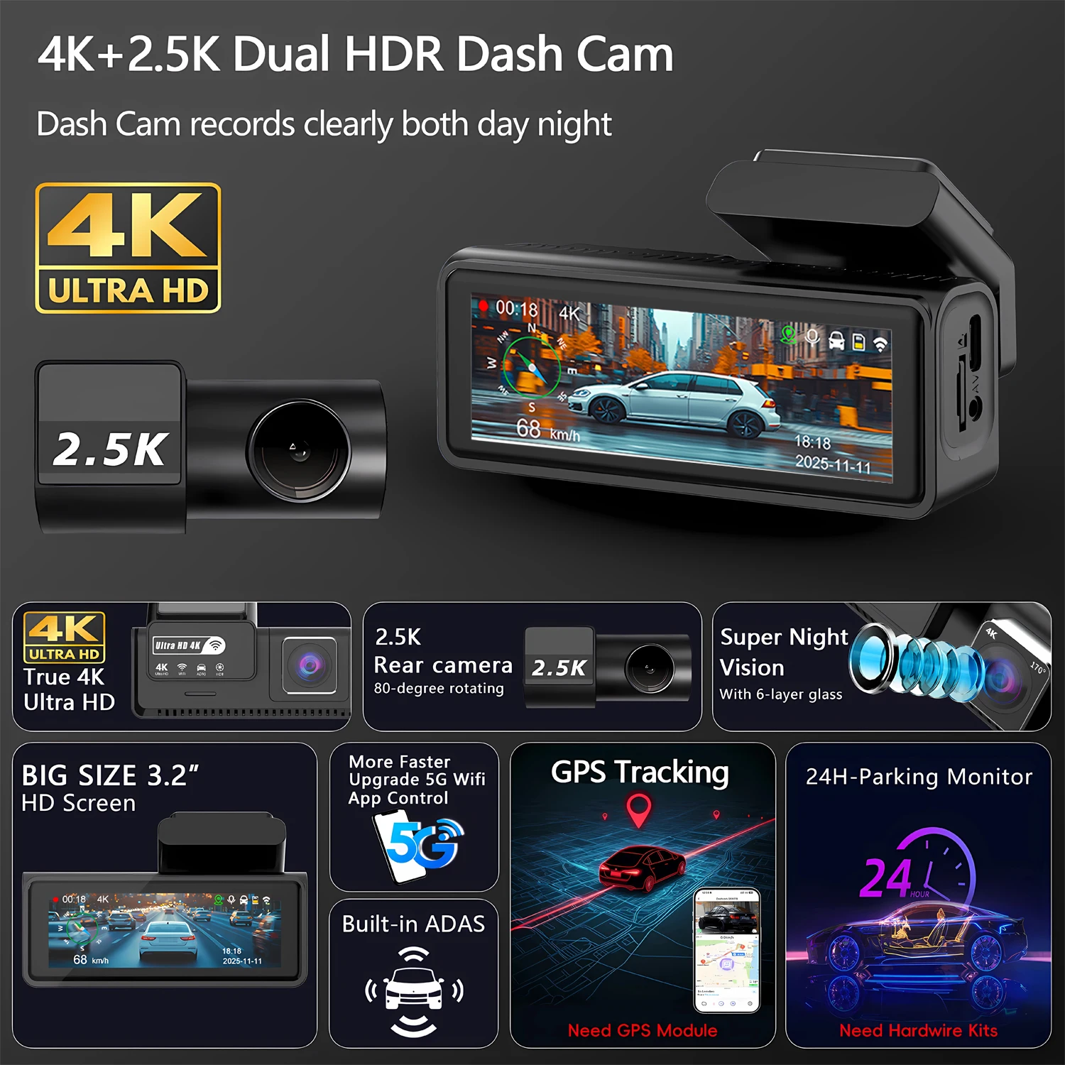 ADAS Dashcam 4K+2.5K GPS WLAN 24H Nachtsicht Mini Optionale Rücklinse – Bild 2