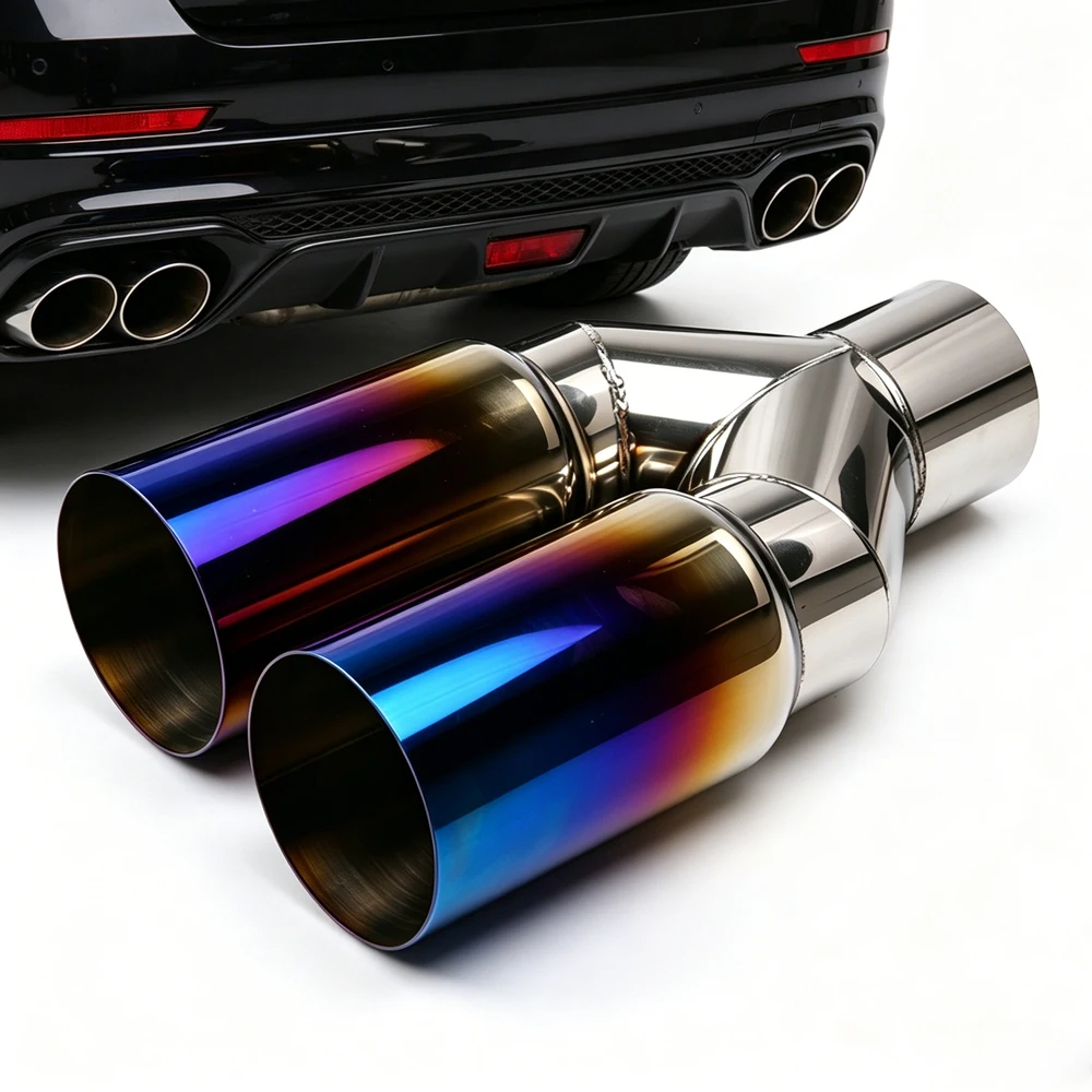 Universal 63mm Einlass 76mm Auslass Doppel Zylinder Edelstahl Auspuff Endrohr Schalldämpfer Für Auto Auspuff