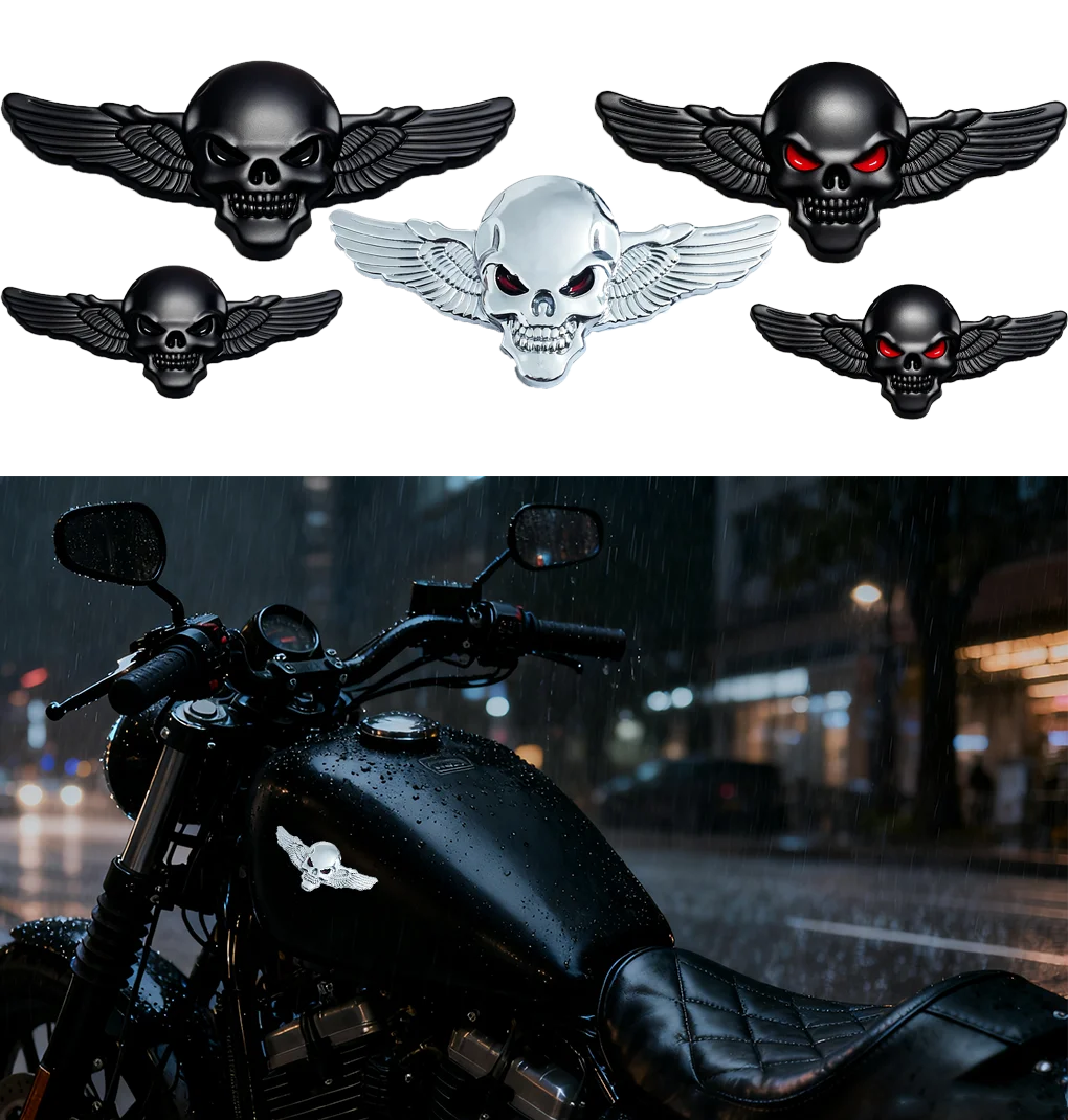 Totenkopf mit Flügeln, Metallaufkleber für Motorräder - universell passgenauer Vorder-/Tank-/Heckspoiler