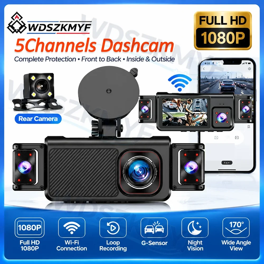 Dashcam für Autos 4 5-Kanal Black Box WiFi Fahrkamera FHD 1080P Nachtsicht Loop-Aufnahme mit Hardwire-Kit