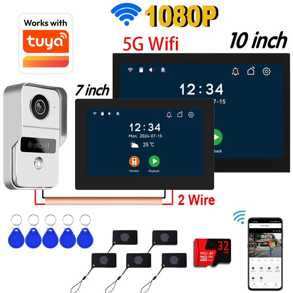 HD 1080P 2-Draht 7/10 Zoll Touch-Monitor WLAN-Gegensprechanlage Video-Türklingel-System für Zuhause Tuya Smart