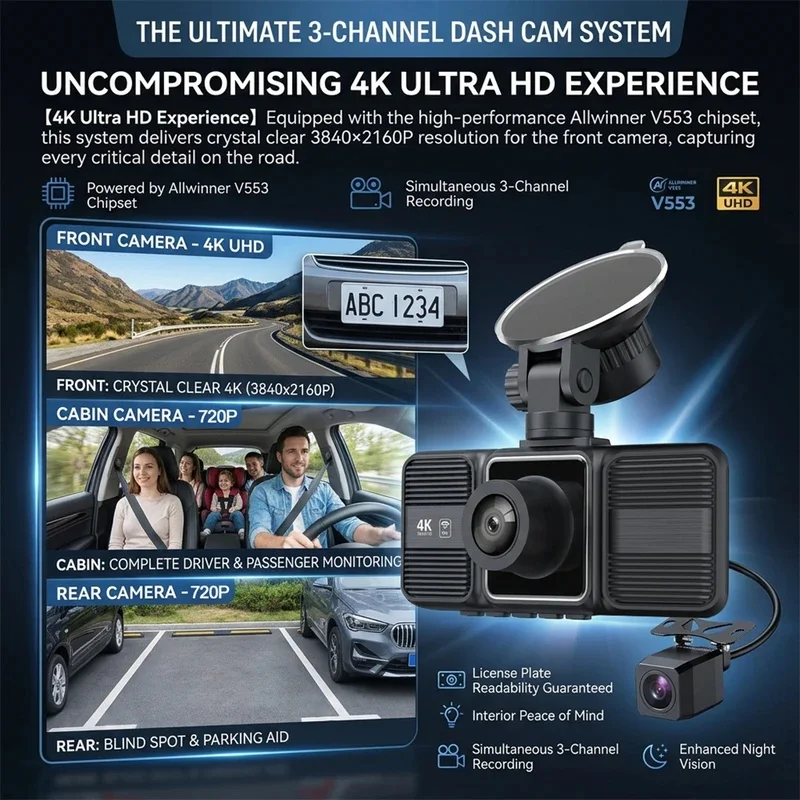 4K Dashcam 3-Linsen-Fahrrekorder WiFi Auto-DVR Vorne Innen Hinten – Bild 2