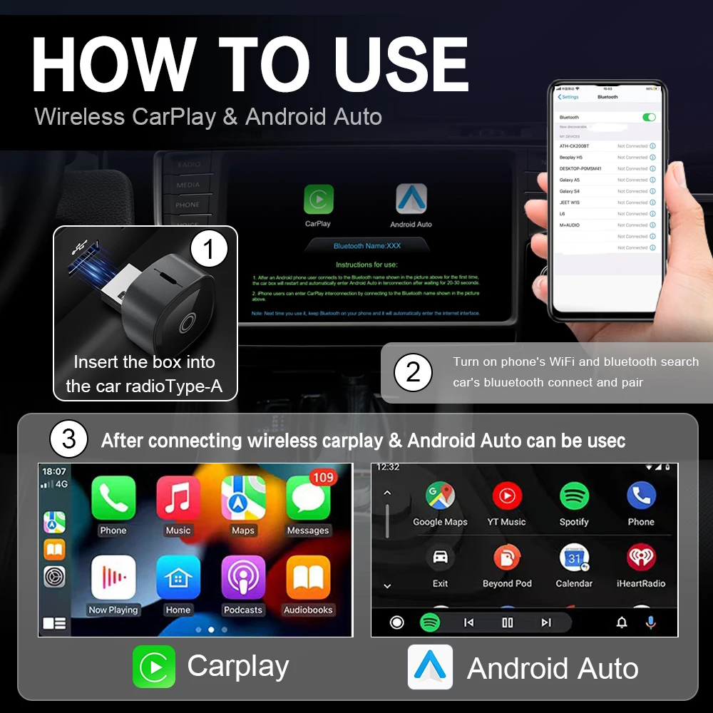 XUDA 2in1 Wireless CarPlay Adapter Android Auto AI Smart Box Auto – Bild 6