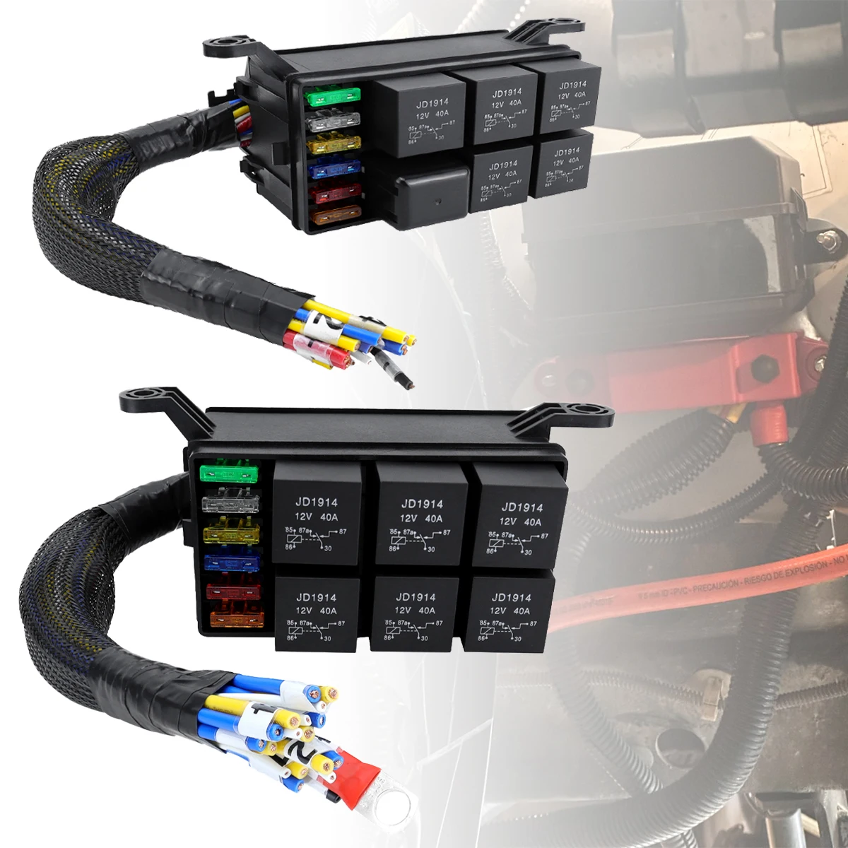 12V 6-Wege-Spulenwiderstand 50 Ω Relais-Sicherungskasten 12AWG vorkabelt, 6-fach ATC/ATO, universell für den