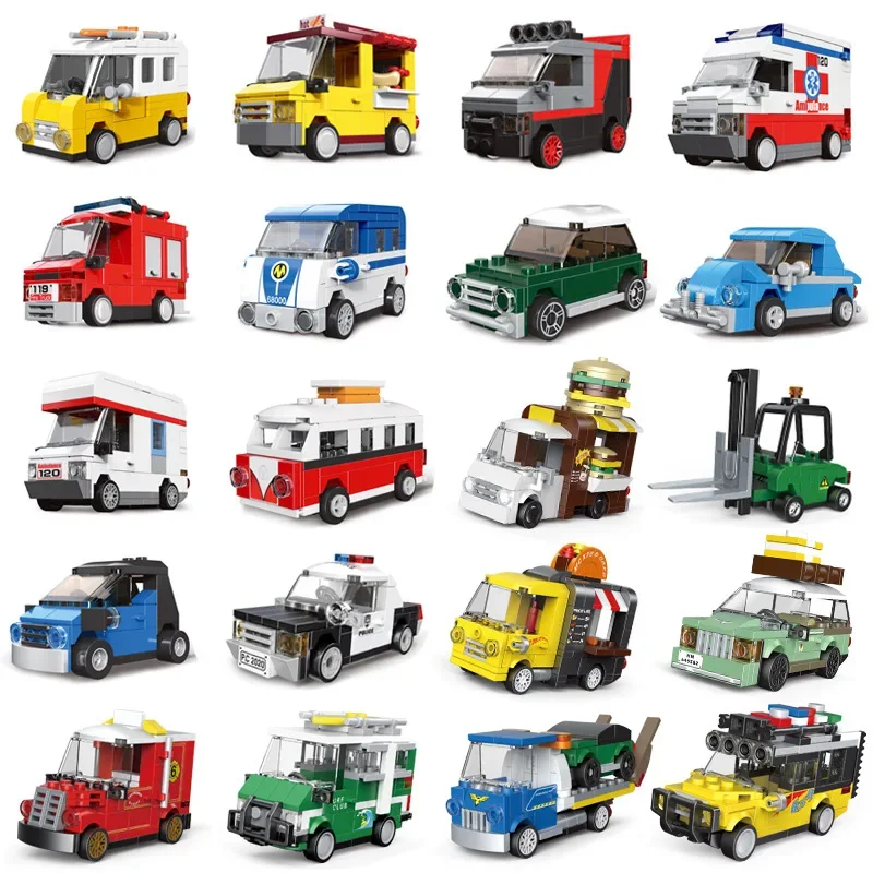 Rennwagen-Bus-Technikfahrzeug-Krankenwagen-Rückziehmodell-Bausteine-Ziegel-Spielzeug für Kinder und Jungen