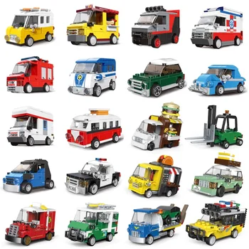 Rennwagen-Bus-Technikfahrzeug-Krankenwagen-Rückziehmodell-Bausteine-Ziegel-Spielzeug für Kinder und Jungen