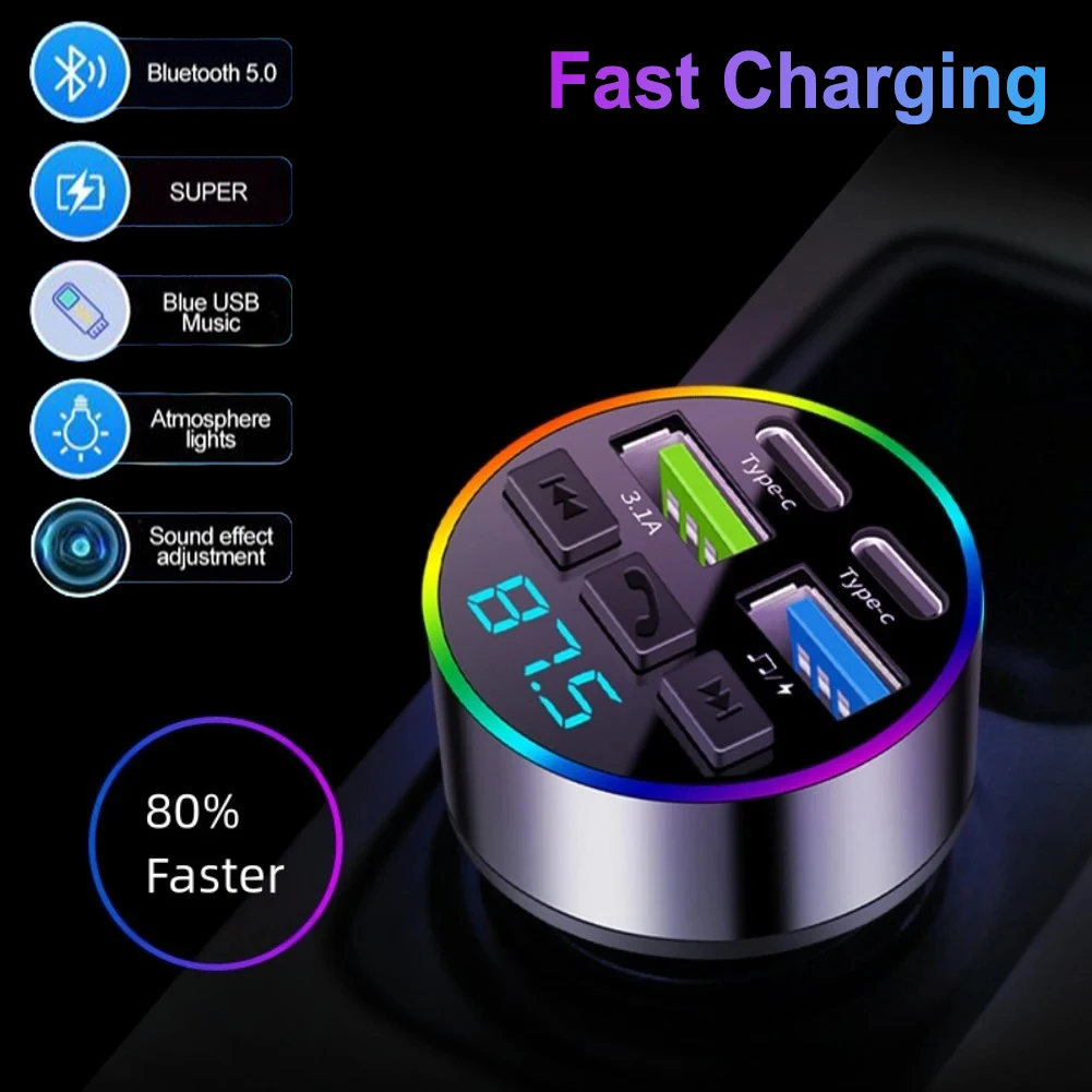 Bluetooth 5.0 FM-Transmitter Freisprech-Autoladegerät 3,1 A USB PD Schnelllade-MP3-Musik-Player